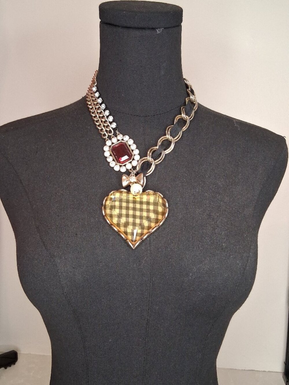 Betsey Johnson - Gingham Lucite Heart Multi-Chain Bib Necklace